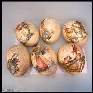 Lot Of 6 Vintage  Painted & Decoupaged Ceramic Easter Eggs Speckles Bunny Rabbit